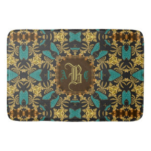 Blauwgroen Gold Damask Esque Pattern Monogram Bath Badmat