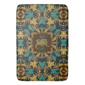 Blauwgroen Gold Damask Esque Pattern Monogram Bath Badmat (Voorkant Verticaal)