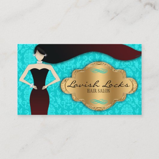 Blauwgroen Gold Damask Hair Stylist Salon Visiteka Visitekaartje (Voorkant)