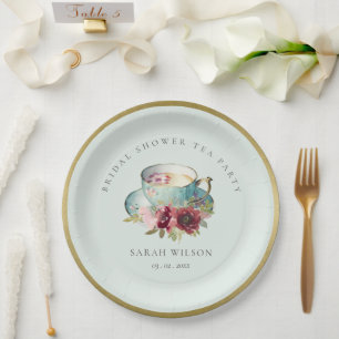 Blauwgroen Gold Floral Teacup Vrijgezellenfeest Te Papieren Bordje