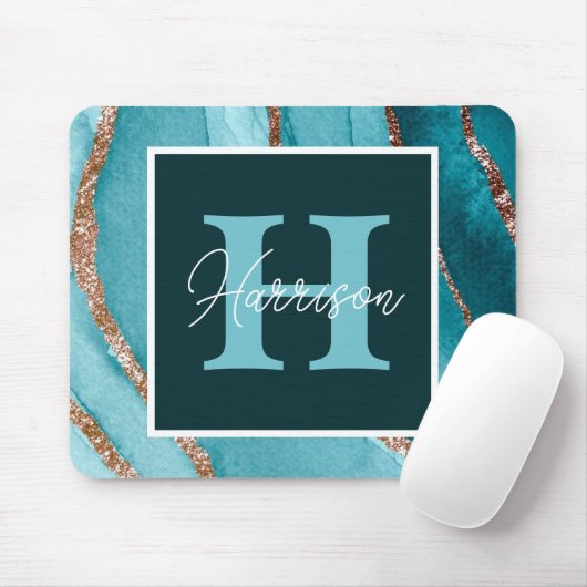 Blauwgroen &Gold Glitter Alcohol Ink Monogram en N Muismat (Met muis)