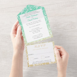 Blauwgroen Gold Ombre Paisley Henna Wedding RSVP All In One Uitnodiging