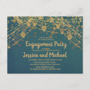 Blauwgroen Gold String Lights Engagement Party Briefkaart