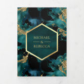 Blauwgroen Goud Abstract Vloeibare Inkt QR Code Br Drieluik Uitnodiging (Cover)