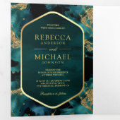 Blauwgroen Goud Abstract Vloeibare Inkt QR Code Br Drieluik Uitnodiging (Binnenzijde eerst)