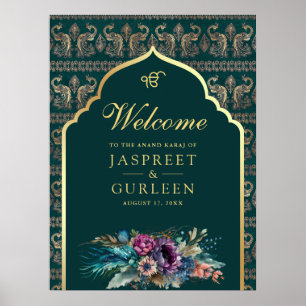Blauwgroen Goud Anand Karaj Bruiloft Welkomstbord Poster