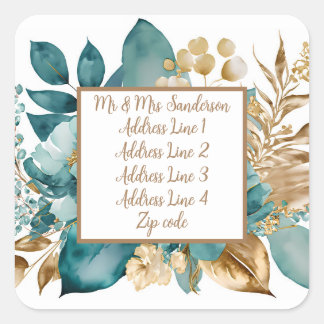 Blauwgroen & Goud Bloemen Bruiloft Vierkante Sticker
