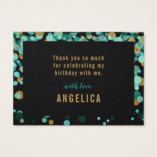 Blauwgroen Goud Confetti Zwart Verjaardag Dank u Visitekaartje (Achterkant)