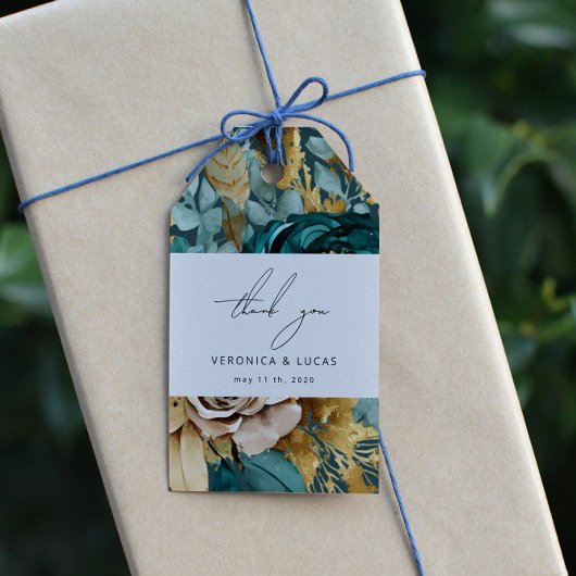 Blauwgroen Goud Luxe Bloemen Bruiloft Dank u Cadea Cadeaulabel
