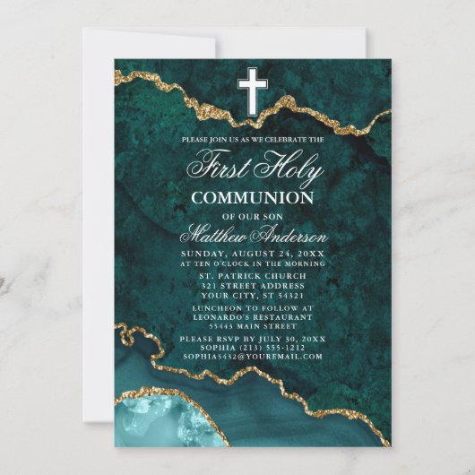 Blauwgroen Goud Marmer Agaat Geode Eerste Heilige Kaart (Voorkant)