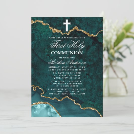 Blauwgroen Goud Marmer Agaat Geode Eerste Heilige  Kaart (Staand voorkant)