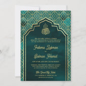 Blauwgroen Goud Marokkaanse Arch Moslim Bruiloft Kaart (Voorkant)