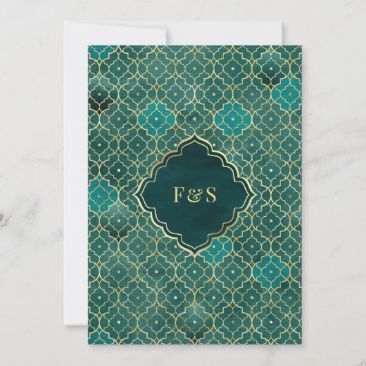 Blauwgroen Goud Marokkaanse Arch Moslim Bruiloft Kaart (Achterkant)