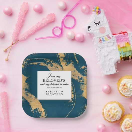 Blauwgroen Goud Modern Art Trouwbijbelvers Papieren Bordje (Feest)