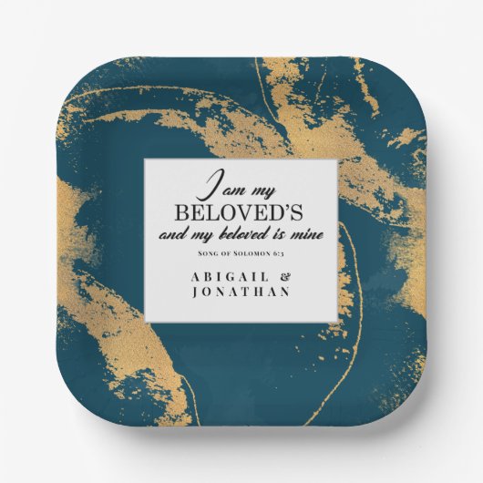 Blauwgroen Goud Modern Art Trouwbijbelvers Papieren Bordje (Voorkant)