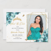 Blauwgroen & Goud Quinceañera Sla de datum Foto Kaart (Voorkant)