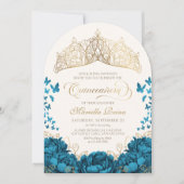 Blauwgroen Goud Royal Crown Floral Quinceanera Kaart (Voorkant)