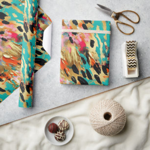 Blauwgroen goud Roze Leopard Paint Cadeaupapier
