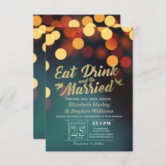 Blauwgroen goudbokeh lichte EAT-Drink wordt gehuwd Kaart (Voorkant / Achterkant)