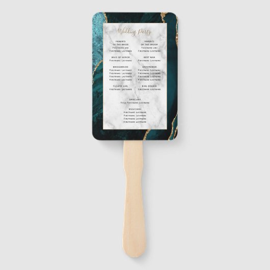 Blauwgroen gouden agaat marmeren bruiloft programm handwaaier (Achterkant)