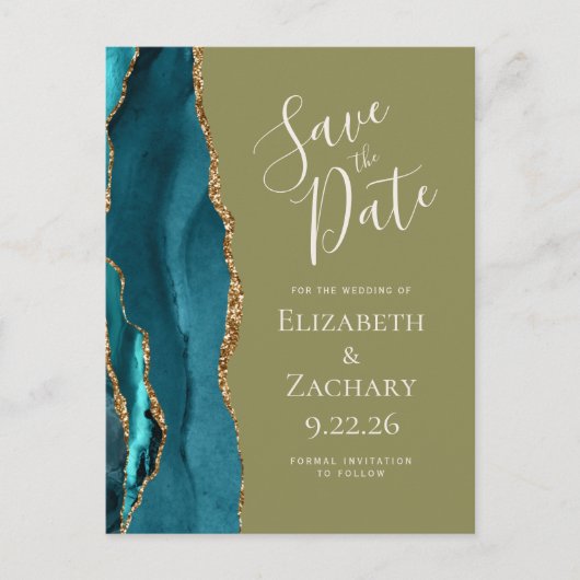 Blauwgroen Gouden Agaat Olijf Groen Bruiloft Save  Aankondigingskaart (Voorkant)