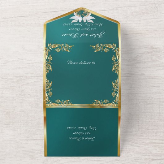 Blauwgroen, gouden bladeren, duiven & hart all in one uitnodiging (Buitenkant)