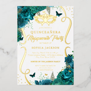 Blauwgroen Gouden Bloemen Scroll Masquerade Quince Folie Uitnodiging