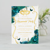Blauwgroen Gouden Bloemen Scroll Masquerade Quince Folie Uitnodiging (Staand Voorkant)