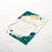 Blauwgroen Gouden Bloemen Scroll Masquerade Quince Folie Uitnodiging (Gedraaid)