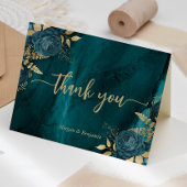 Blauwgroen gouden bloemenscript bruiloft bedankkaart