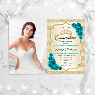 Blauwgroen gouden foto Elegant Quinceanera Kaart