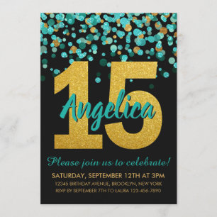 Blauwgroen Gouden Glitter Confetti Quinceañera 15  Kaart