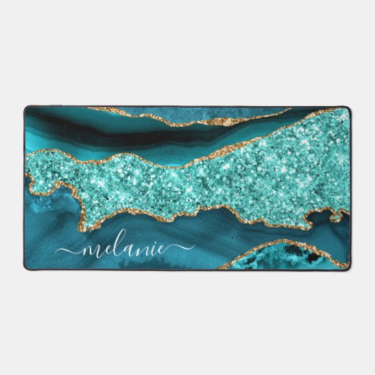 Blauwgroen Gouden Glitter Marmeren Bureaumat met A (Voorkant)