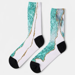 Blauwgroen Gouden Glitter Witte Sokken