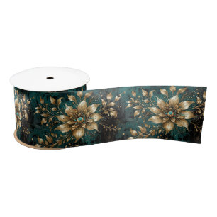 Blauwgroen & gouden grunge bloemen lint