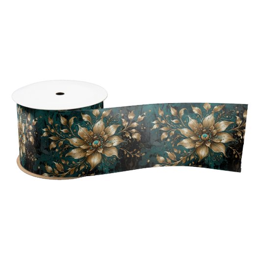 Blauwgroen & gouden grunge bloemen lint (Spoel)