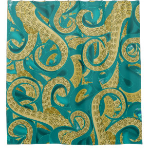 Blauwgroen gouden octopus douchegordijn