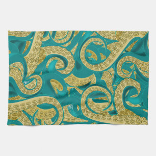Blauwgroen gouden octopus keukenhanddoek