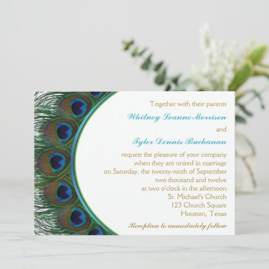 Blauwgroen, gouden pauw veren bruiloft uitnodiging (Staand voorkant)