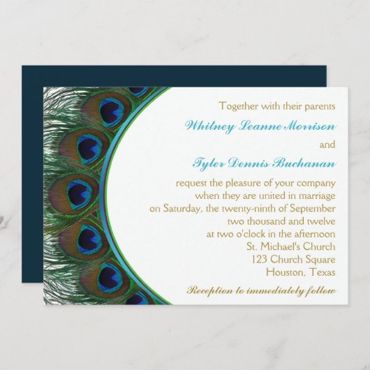 Blauwgroen, gouden pauw veren bruiloft uitnodiging (Voorkant / Achterkant)