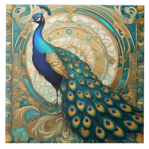Blauwgroen gouden pauw vogel art nouveau art deco tegeltje