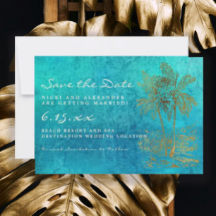 Blauwgroen gouden tropische palm bespaart onze huw save the date