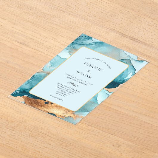 Blauwgroen Gouden Waterverf Alcoholinkt Modern Wed Acryl Uitnodigingen (Laagn)
