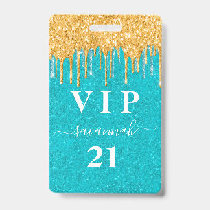 Blauwgroen goudglitter drift op uitnodiging badge