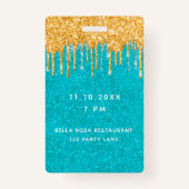 Blauwgroen goudglitter drift op uitnodiging badge (Achterkant)