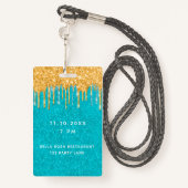 Blauwgroen goudglitter drift op uitnodiging badge (Achterkant met draagriem)