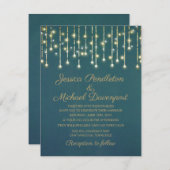 Blauwgroen goudglitter String Fairy Light Wedding Kaart (Voorkant / Achterkant)