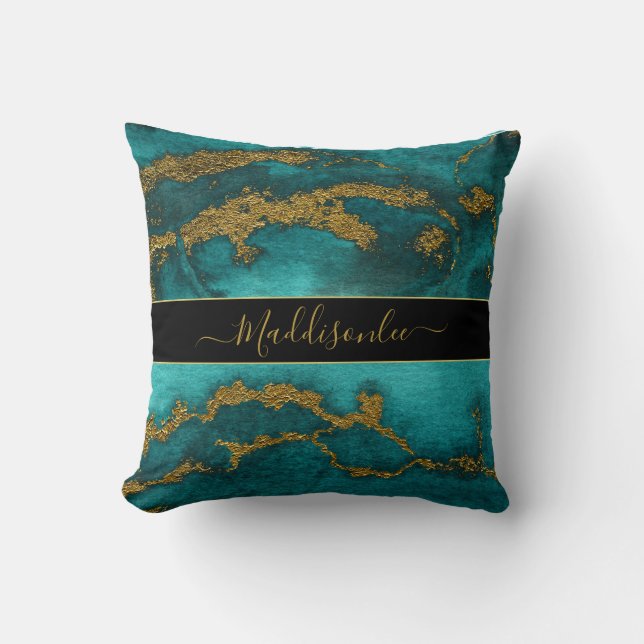 Blauwgroen goudmarmer, monogram, naam aangepast st kussen (Voorkant)