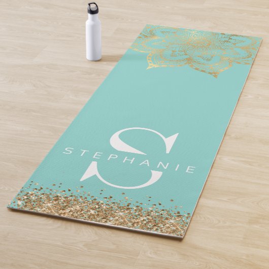 blauwgroen goudmazen mandala monogram aangepast yogamat (In situ)