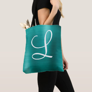Blauwgroen grafisch geborsteld Metaal Monogram Draagtas